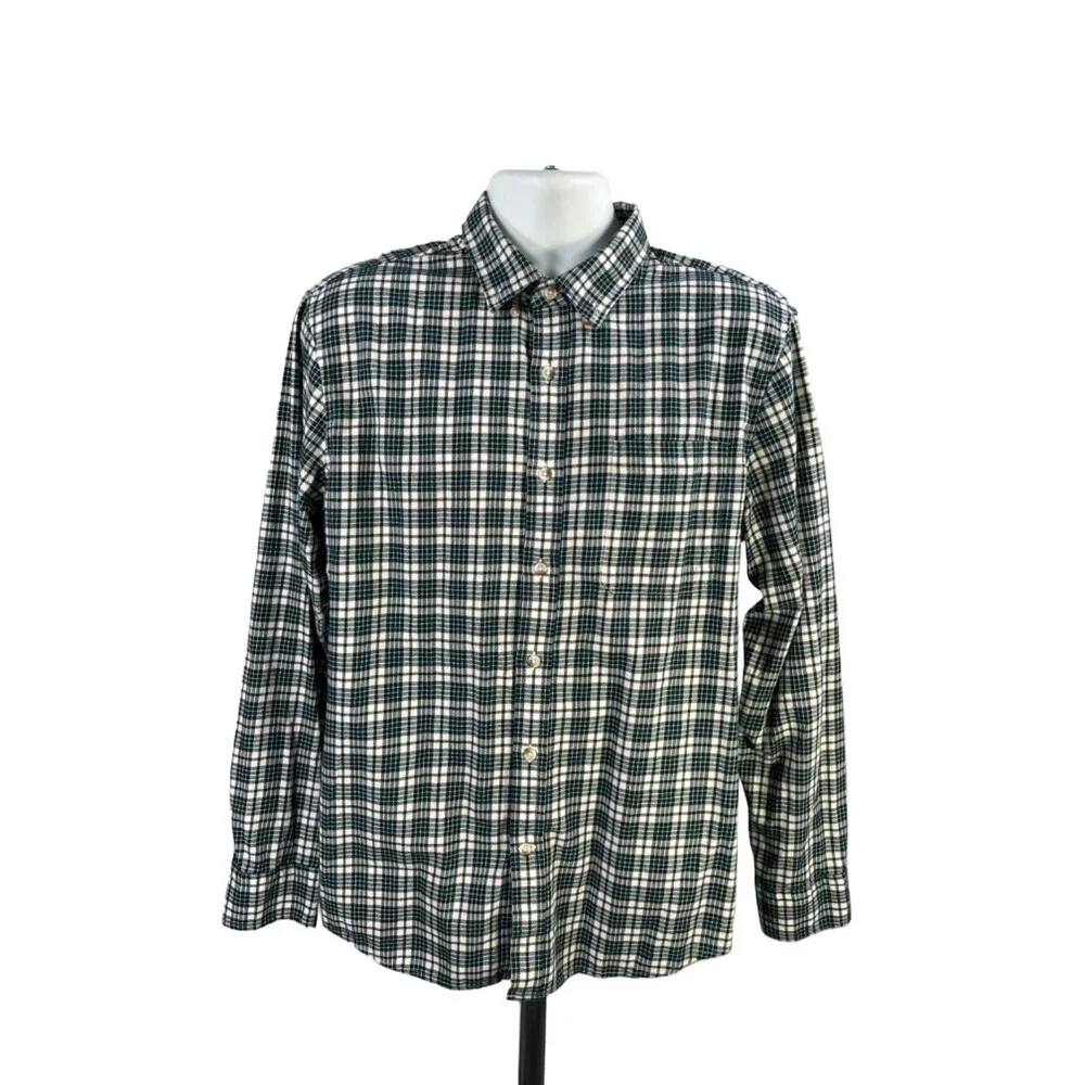 Banana Republic Men's White/Teal Plaid Untucked Long Sleeve Button Up Shirt - L